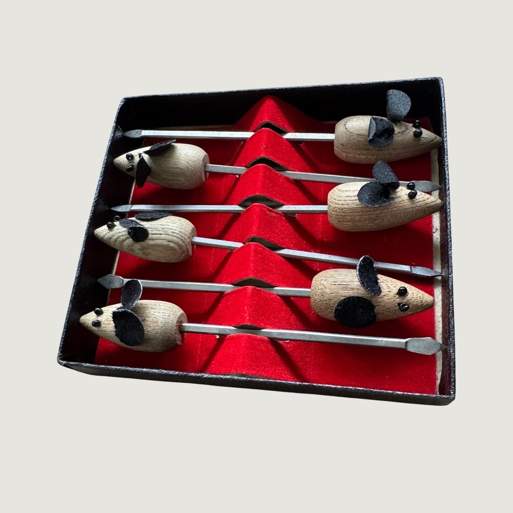 Vintage Viking Import Teak Cheese Pixies Mouse Appetizer Picks Japan MCM